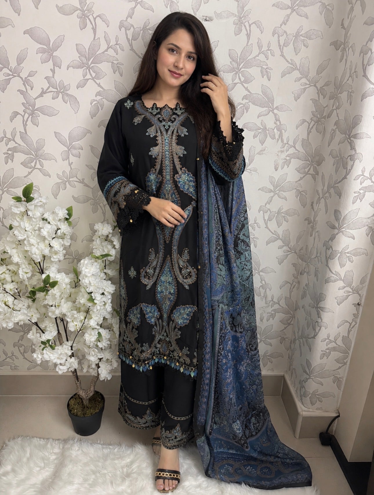 M Prints 6B inspired Embroidered 3-Piece Suit | Pakistani Designer Dress