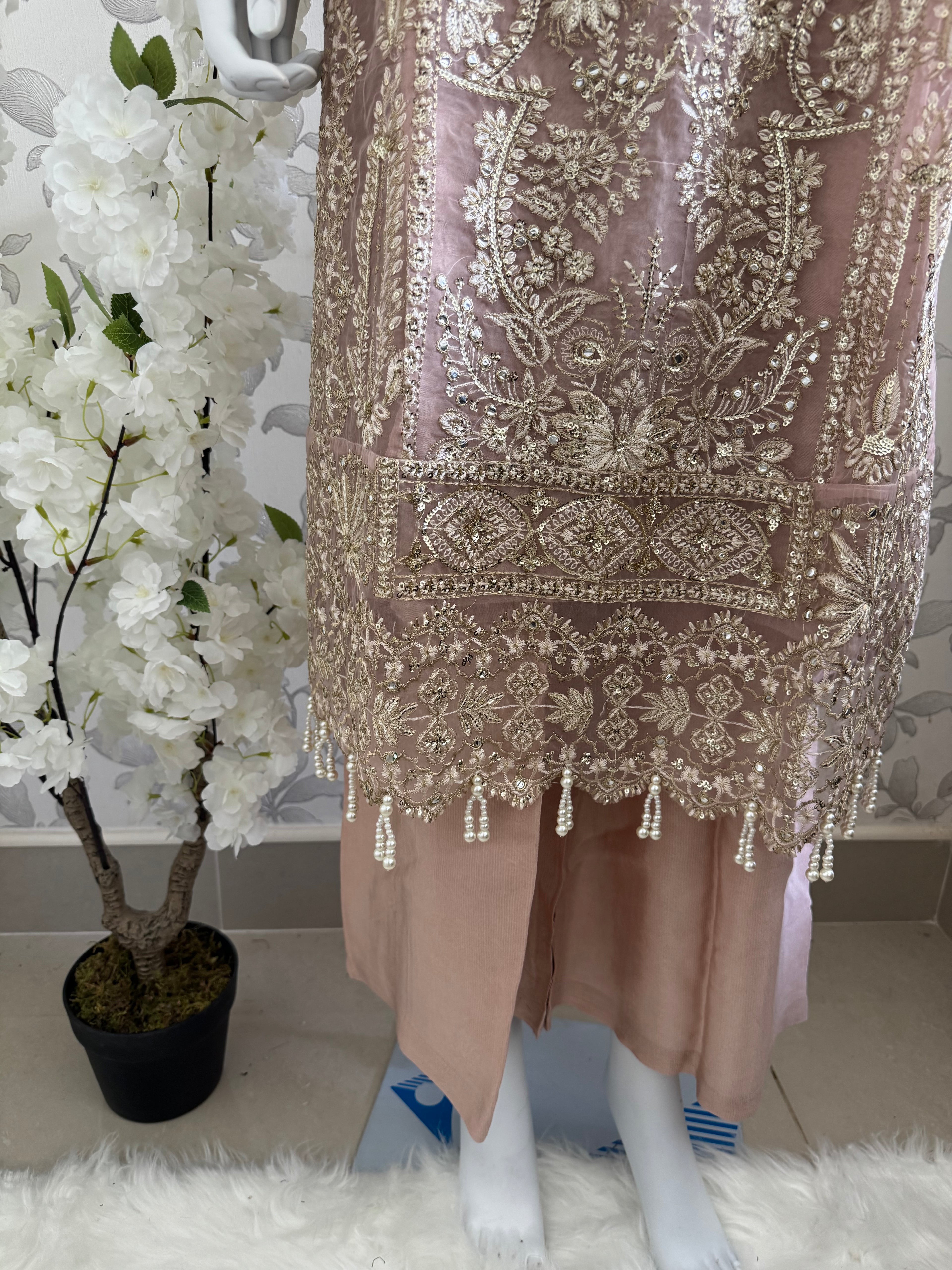 AFROZ Blush Pink Embroidered Organza Suit | Pakistani Wedding & Formal Dress