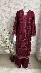 HUSN-E-EID Maroon Embroidered Pakistani 3 piece suit