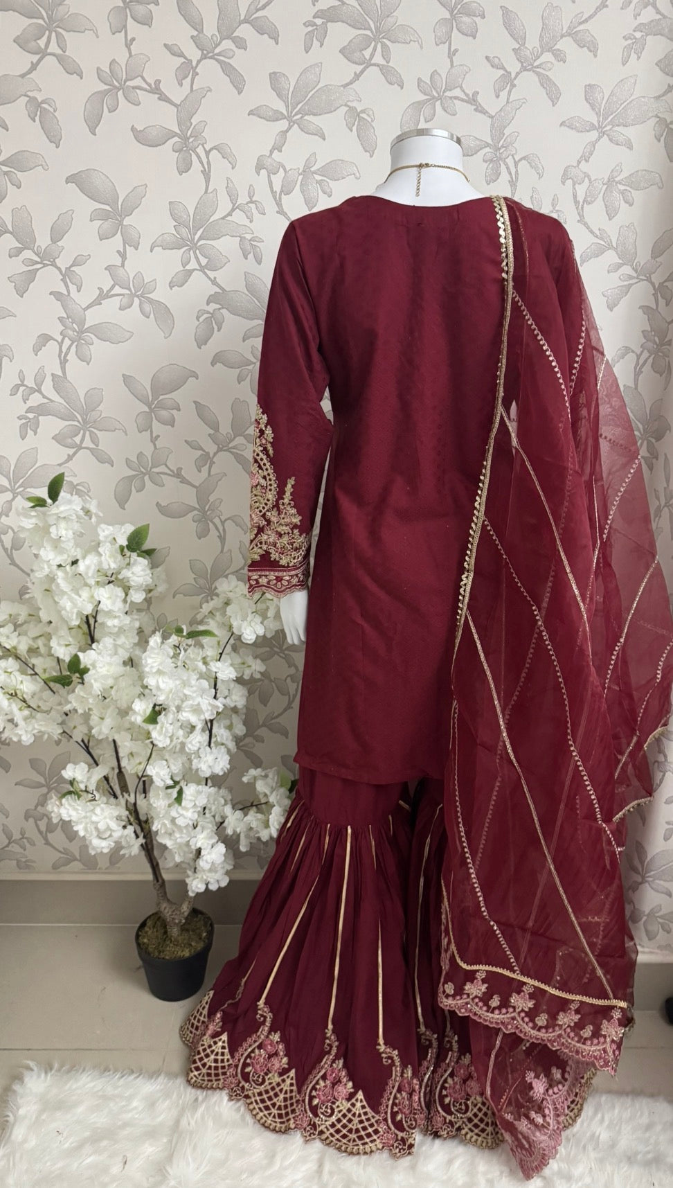 Maroon Embroidered Gharara Suit with organza Dupatta – Luxury Pakistani 3 Piece Set