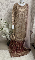AMAIRA…. Champagne Gold & Maroon Embroidered Pakistani Gharara Suit with Net Dupatta