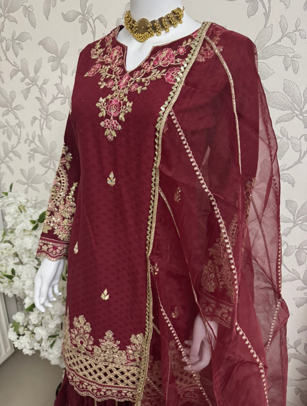 Maroon Embroidered Gharara Suit with organza Dupatta – Luxury Pakistani 3 Piece Set