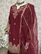 Maroon Embroidered Gharara Suit with organza Dupatta – Luxury Pakistani 3 Piece Set