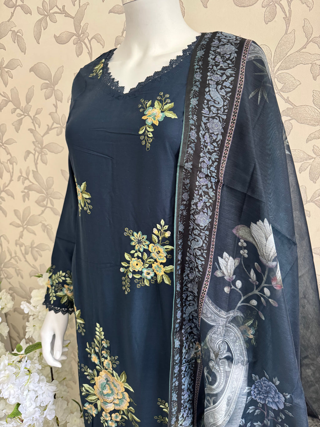 M Prints inspired Embroidered 3-Piece Suit | Pakistani Designer Dress