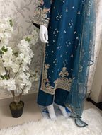 Teal Blue Embroidered Pakistani 3 Piece Suit – Luxury Eid Festive Wear