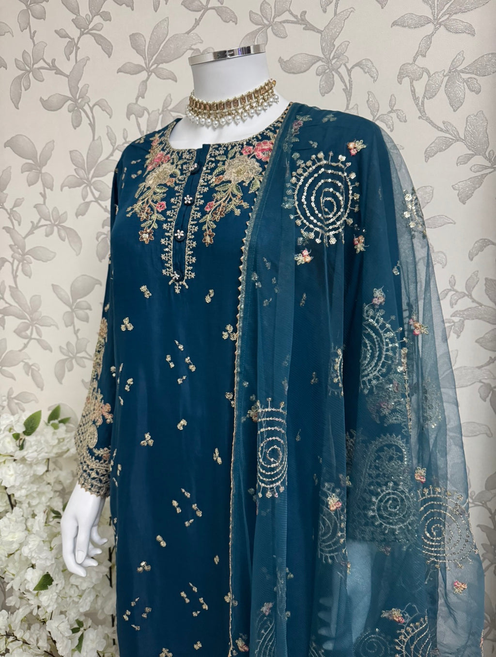 Teal Blue Embroidered Pakistani 3 Piece Suit – Luxury Eid Festive Wear