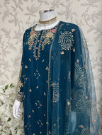Teal Blue Embroidered Pakistani 3 Piece Suit – Luxury Eid Festive Wear