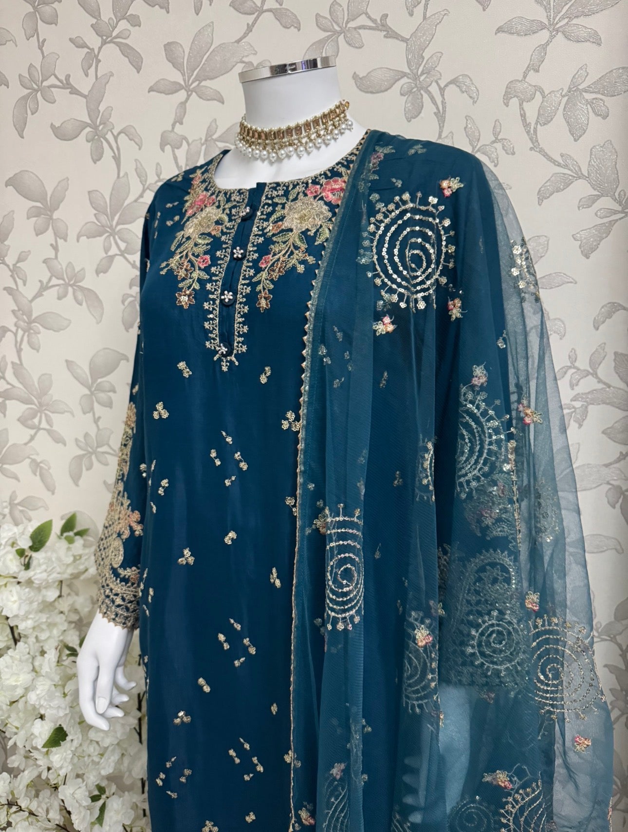 Teal Blue Embroidered Pakistani 3 Piece Suit – Luxury Eid Festive Wear