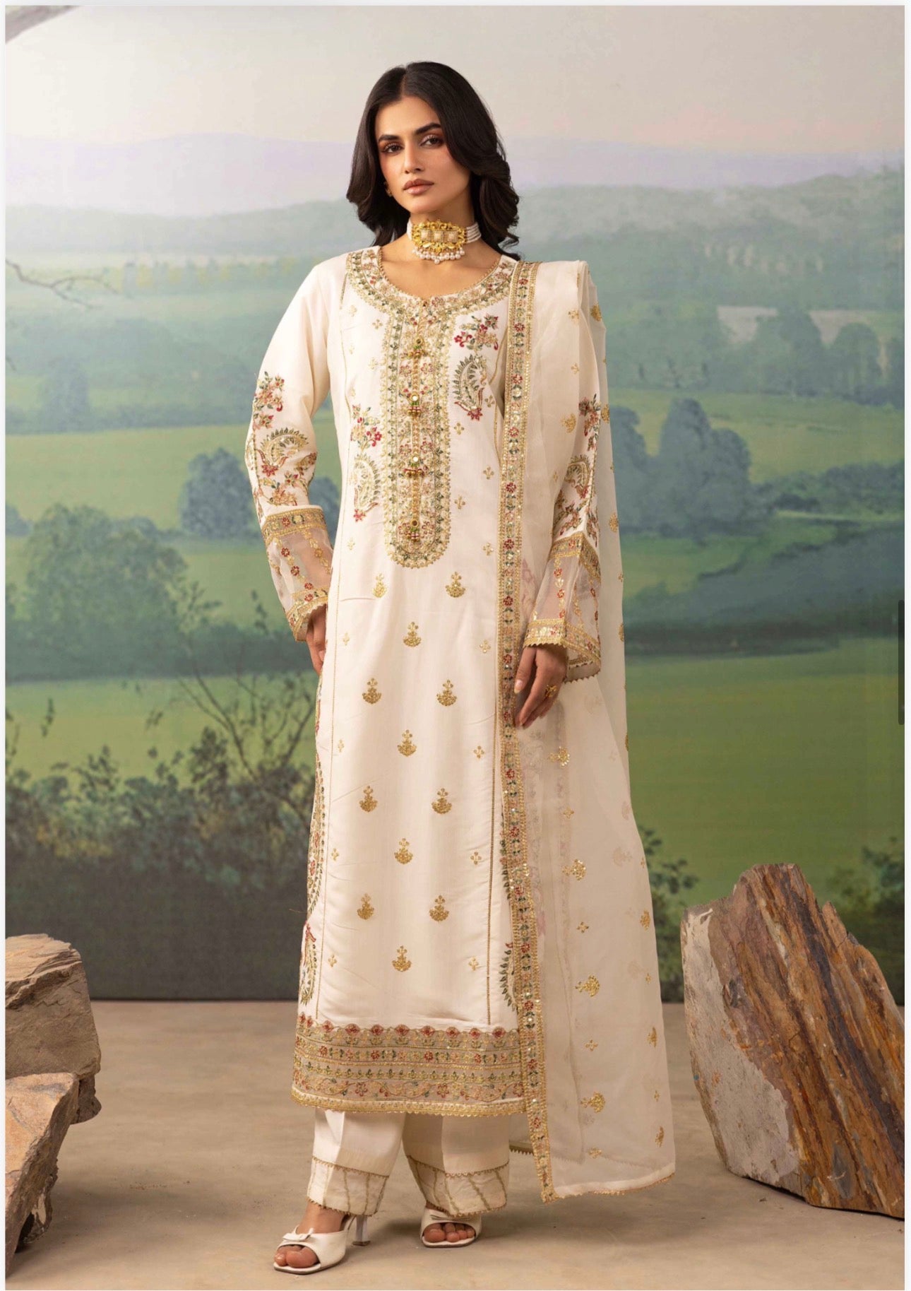 Ivory Cream Embroidered Pakistani 3 Piece Suit – Luxury Eid Festive Wear