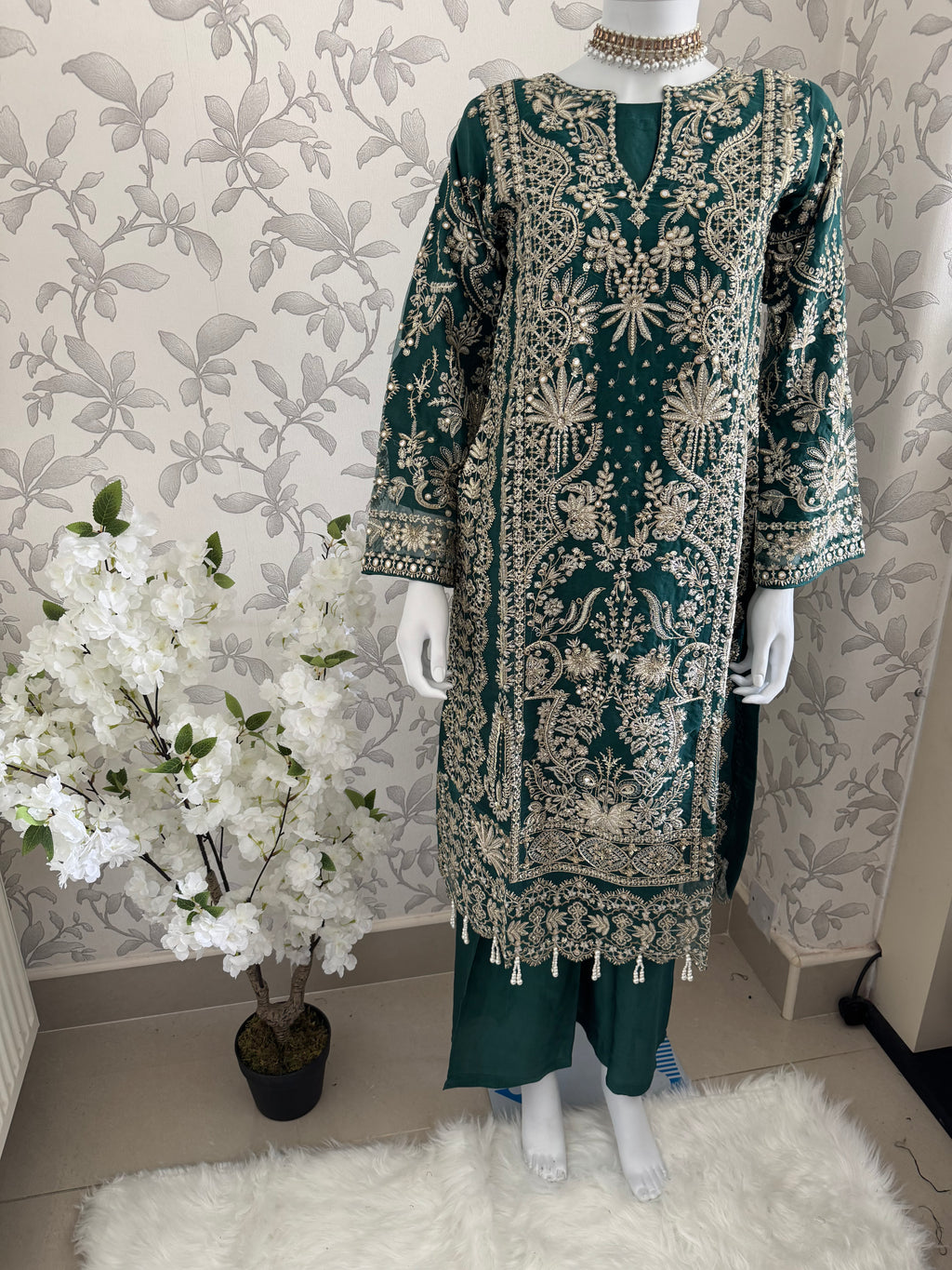 AFROZ Emerald Embroidered Organza Suit | Pakistani Wedding & Formal Dress