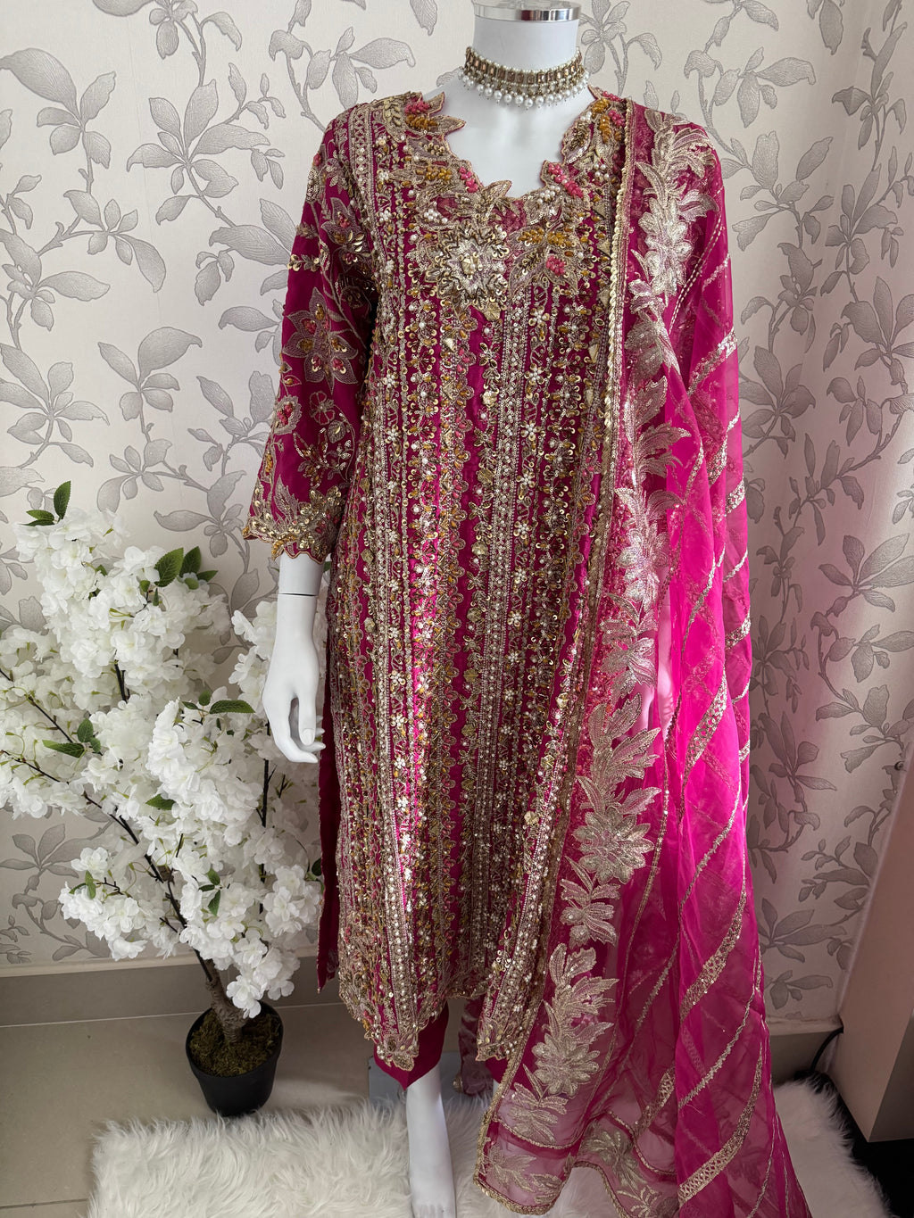 SAFINA….. Hot Pink Luxury Embroidered Pakistani Formal Suit with Organza Dupatta