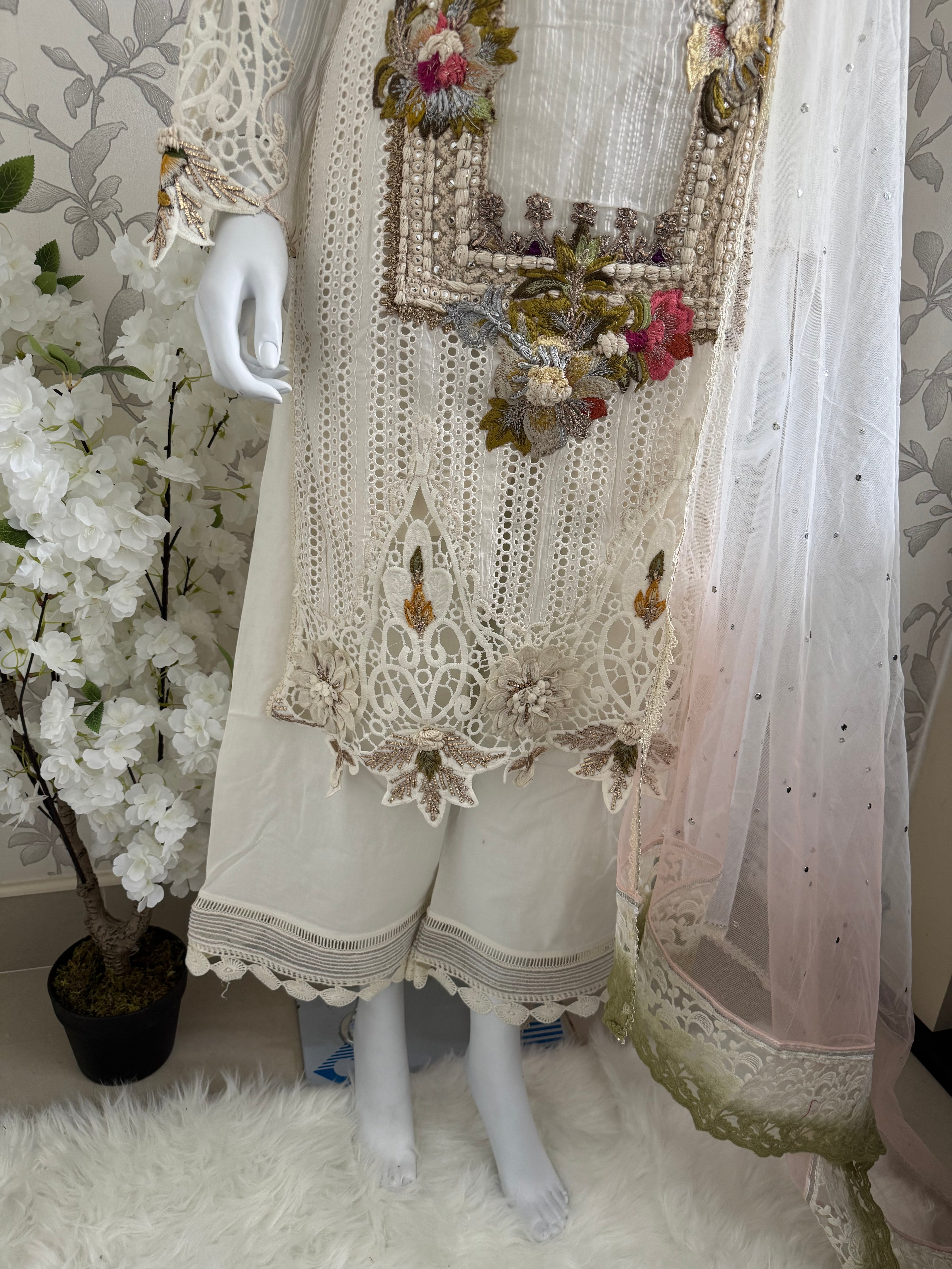 UJAALA….. Elegant White Embroidered Pakistani Suit with net Dupatta