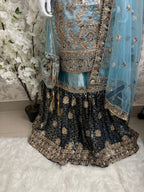 AMAIRA…. Champagne Gold & Maroon Embroidered Pakistani Gharara Suit with Net Dupatta