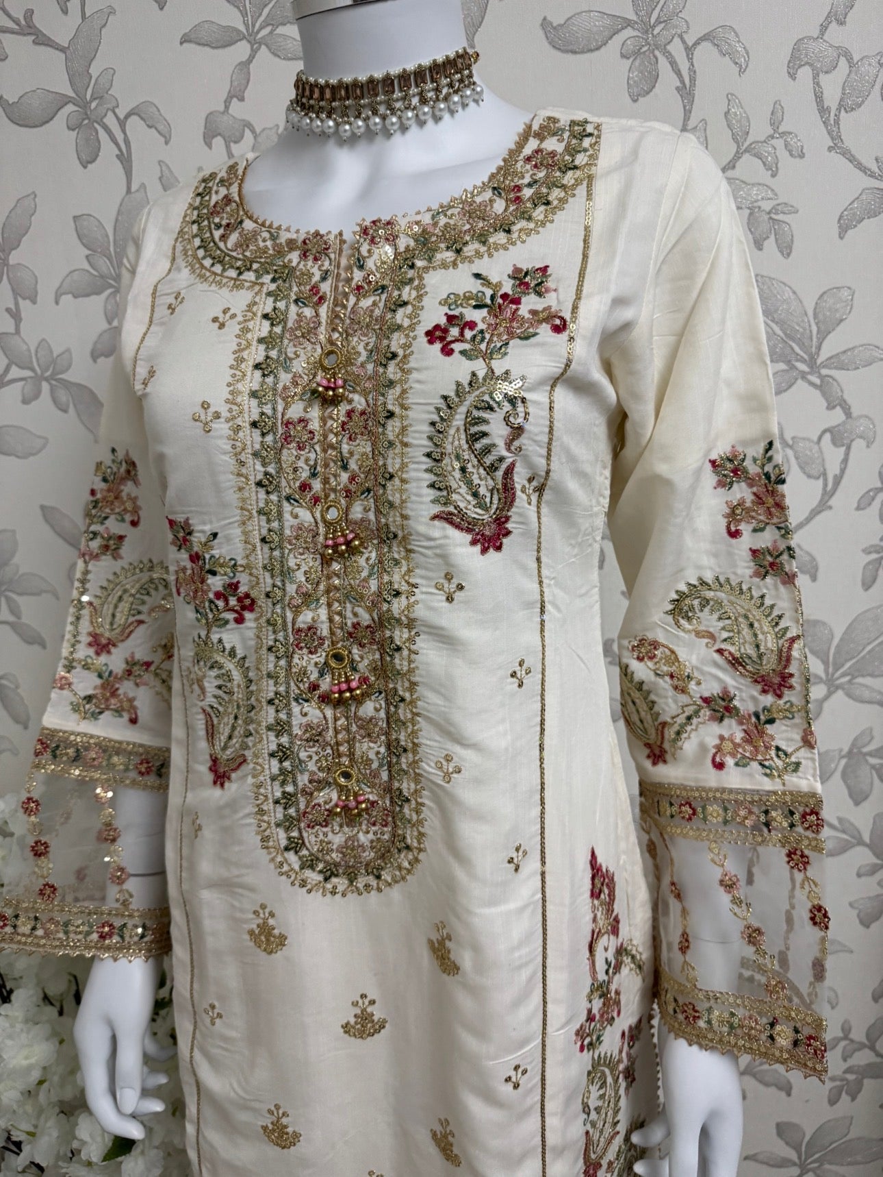Ivory Cream Embroidered Pakistani 3 Piece Suit – Luxury Eid Festive Wear