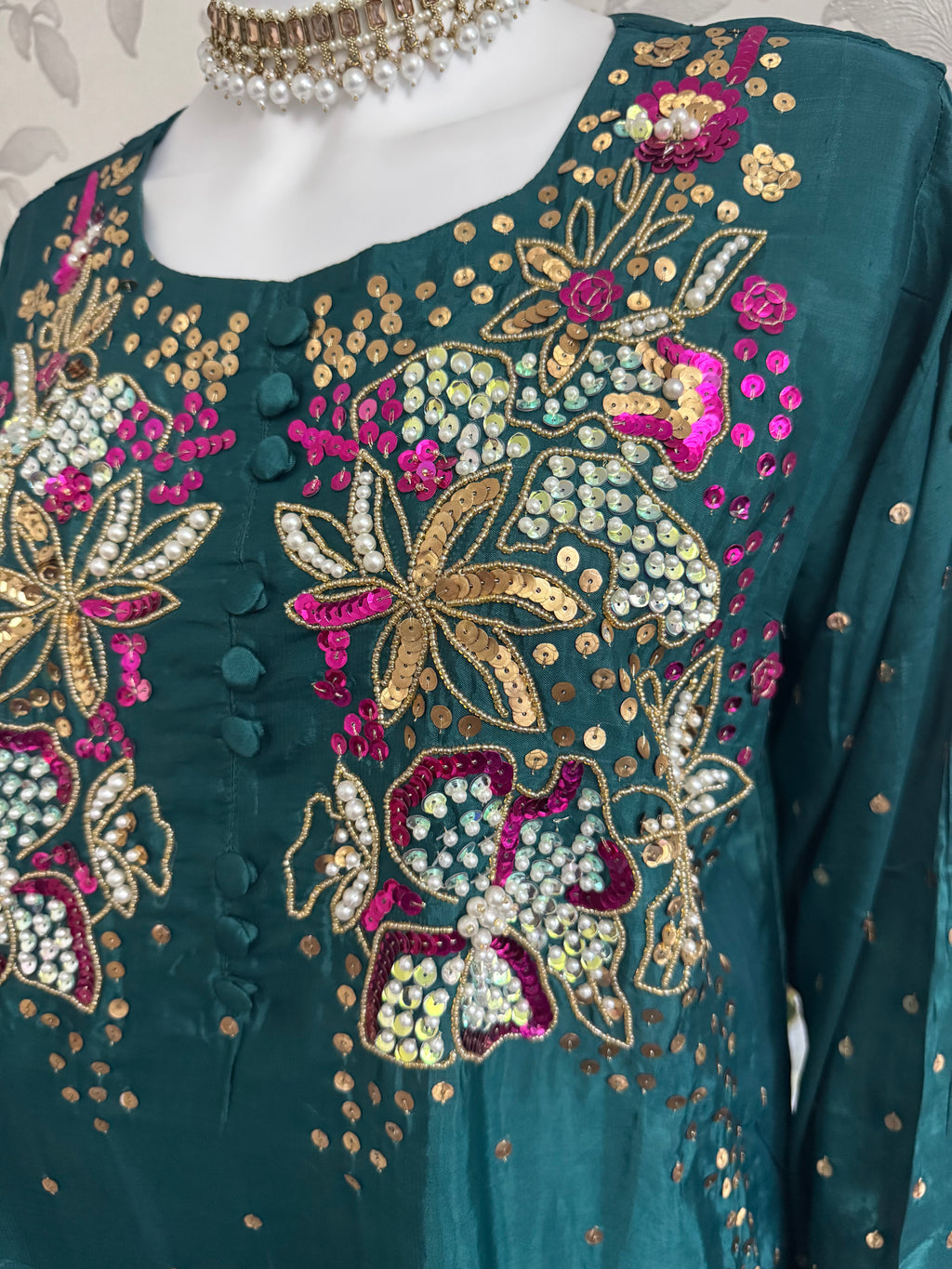 SILKY CHARM Luxury Embroidered Silk Suit with Pearl & Sequin Work