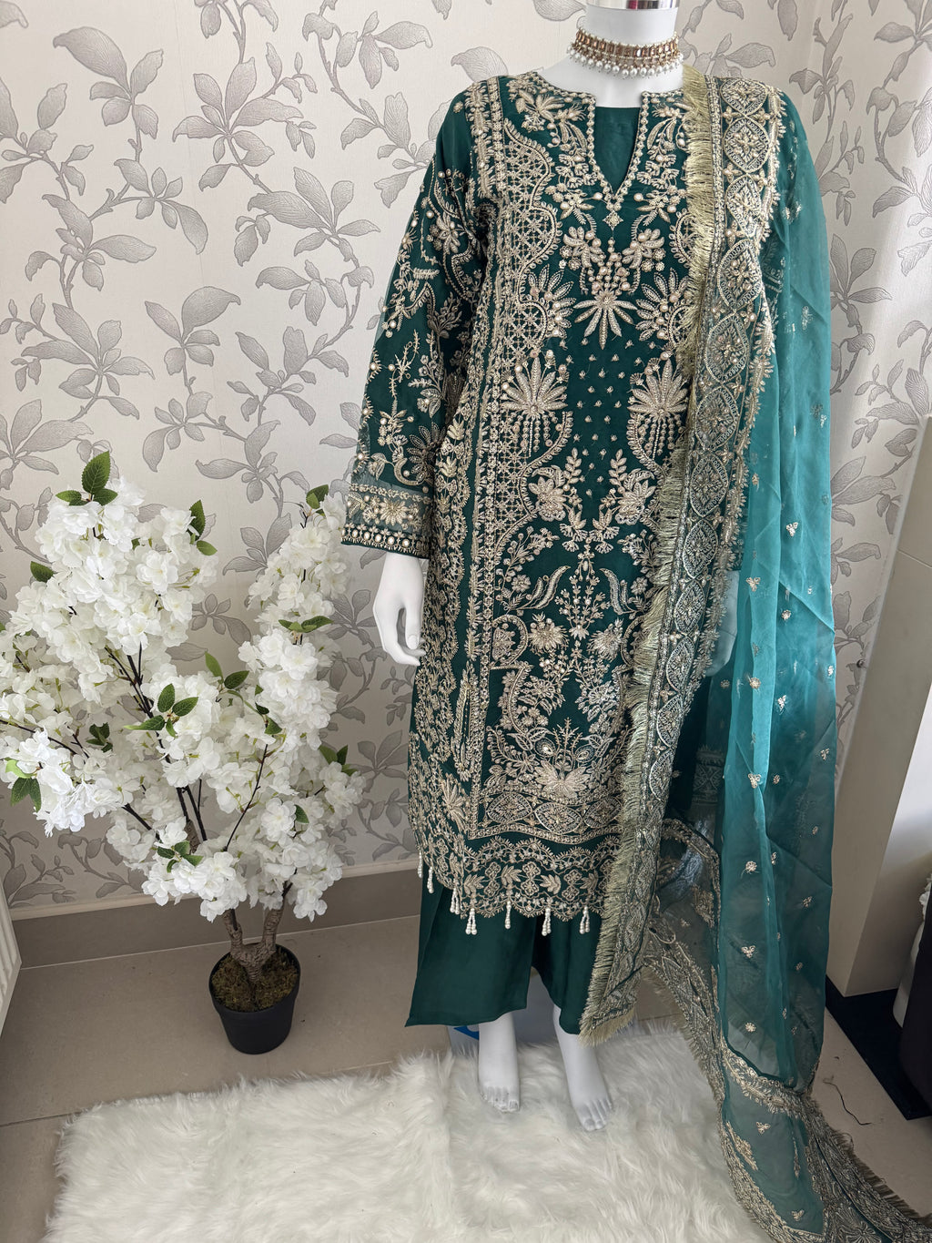 AFROZ Emerald Embroidered Organza Suit | Pakistani Wedding & Formal Dress