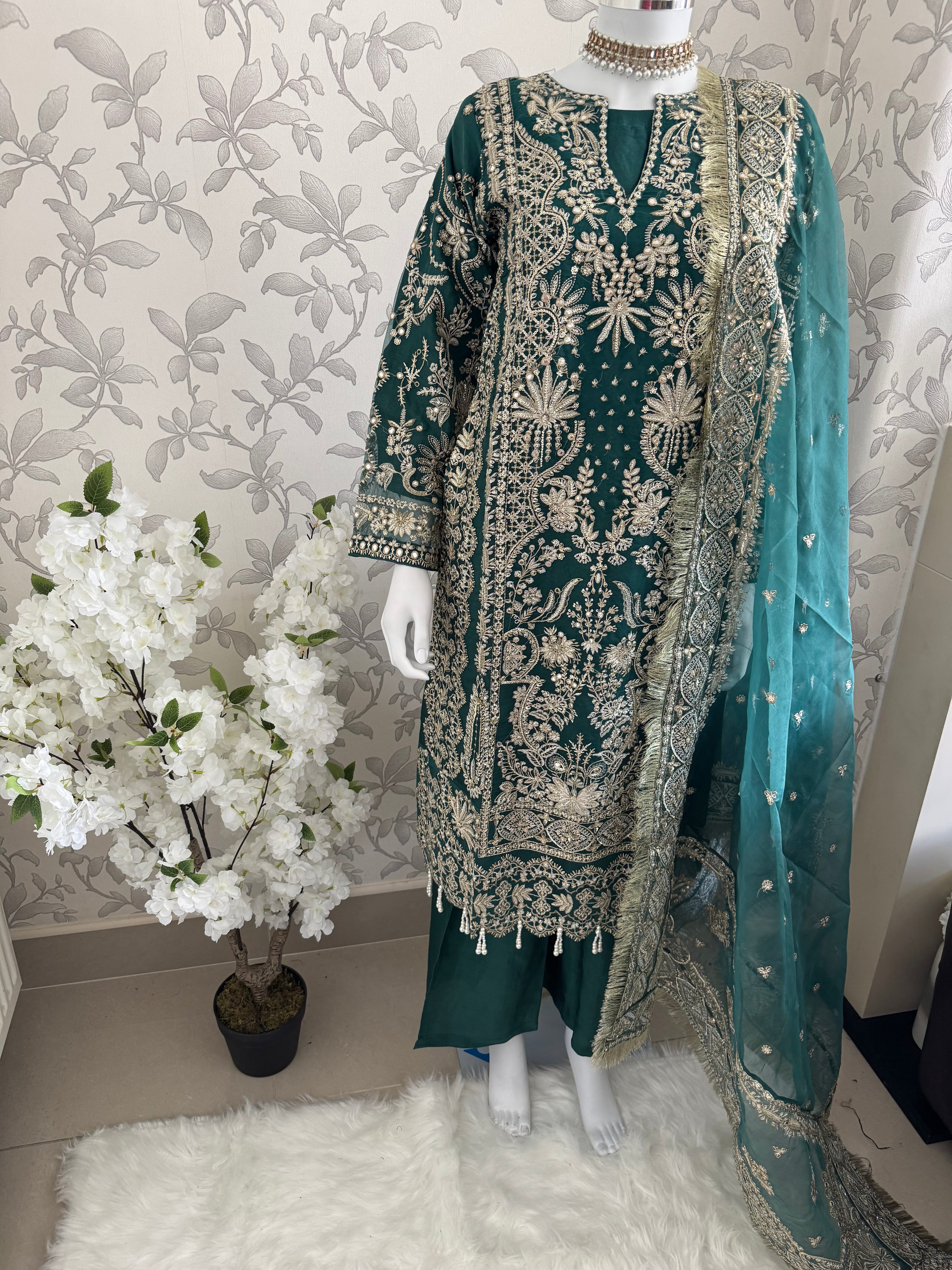 AFROZ Emerald Embroidered Organza Suit | Pakistani Wedding & Formal Dress