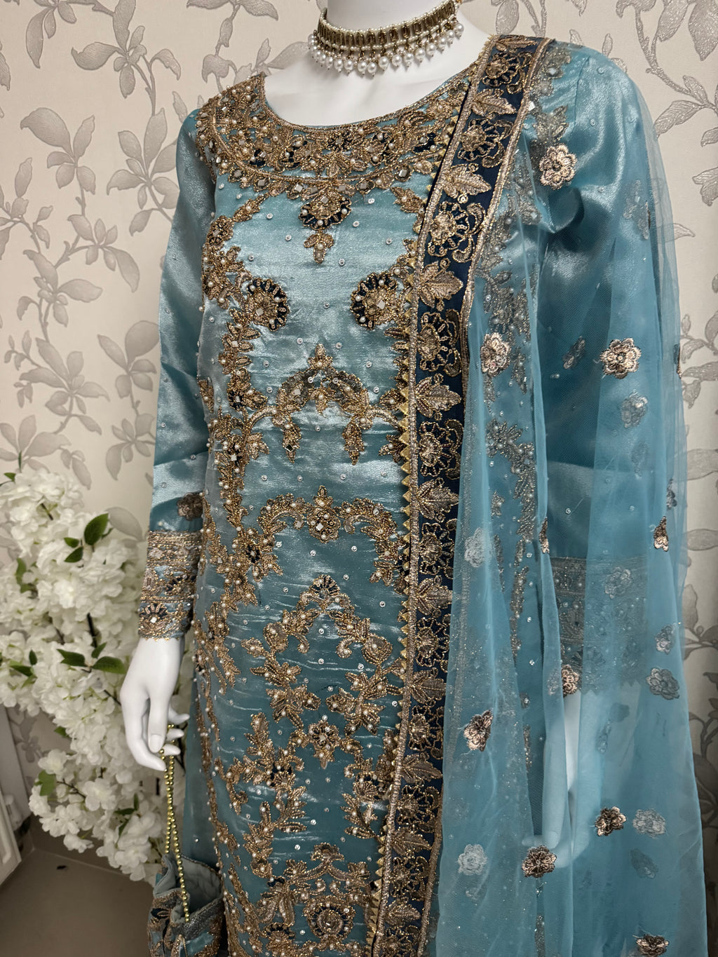 AMAIRA…. Champagne Gold & Maroon Embroidered Pakistani Gharara Suit with Net Dupatta