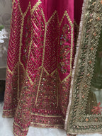 Pakistani Bridal Lehenga Choli – Fuchsia Pink Embroidered Wedding Dress with Green Organza Dupatta