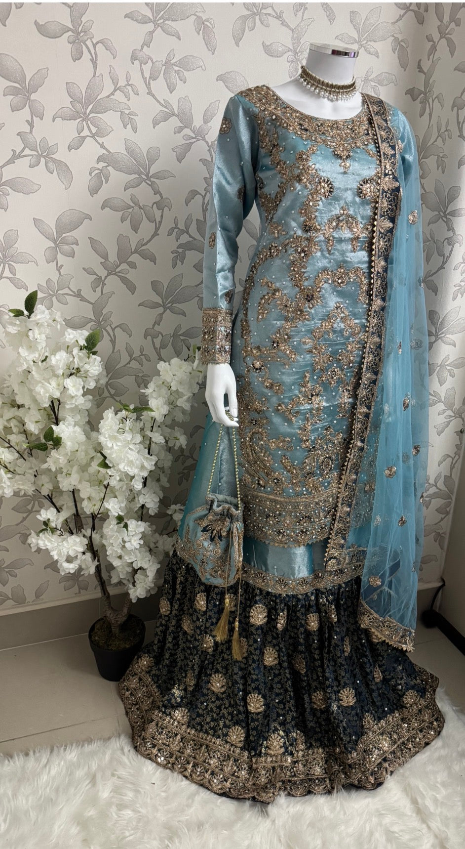 AMAIRA…. Champagne Gold & Maroon Embroidered Pakistani Gharara Suit with Net Dupatta