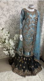 AMAIRA…. Champagne Gold & Maroon Embroidered Pakistani Gharara Suit with Net Dupatta