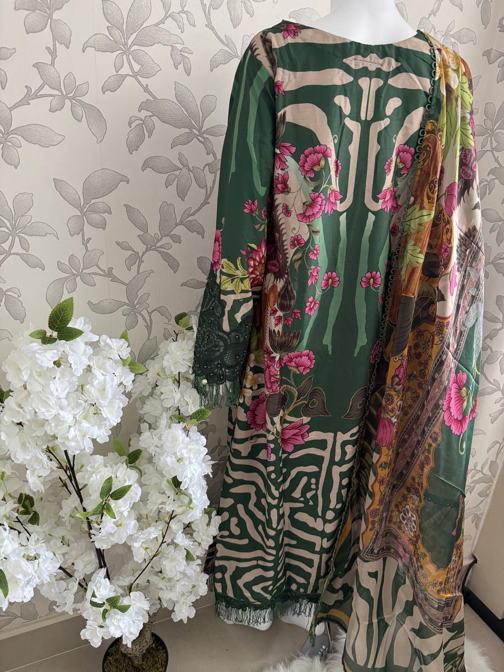 M Prints inspired Embroidered 3-Piece Suit | Pakistani Designer Dress
