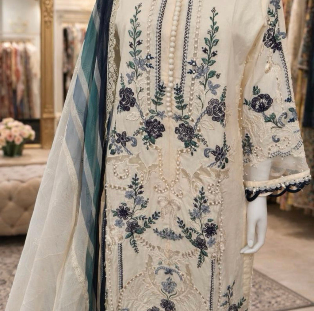 Azure Bloom Luxury Embroidered Suit – 3 Piece Collection