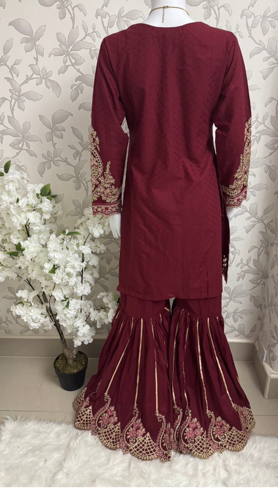 Maroon Embroidered Gharara Suit with organza Dupatta – Luxury Pakistani 3 Piece Set