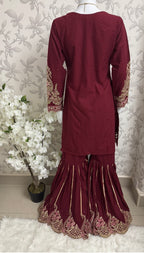 Maroon Embroidered Gharara Suit with organza Dupatta – Luxury Pakistani 3 Piece Set