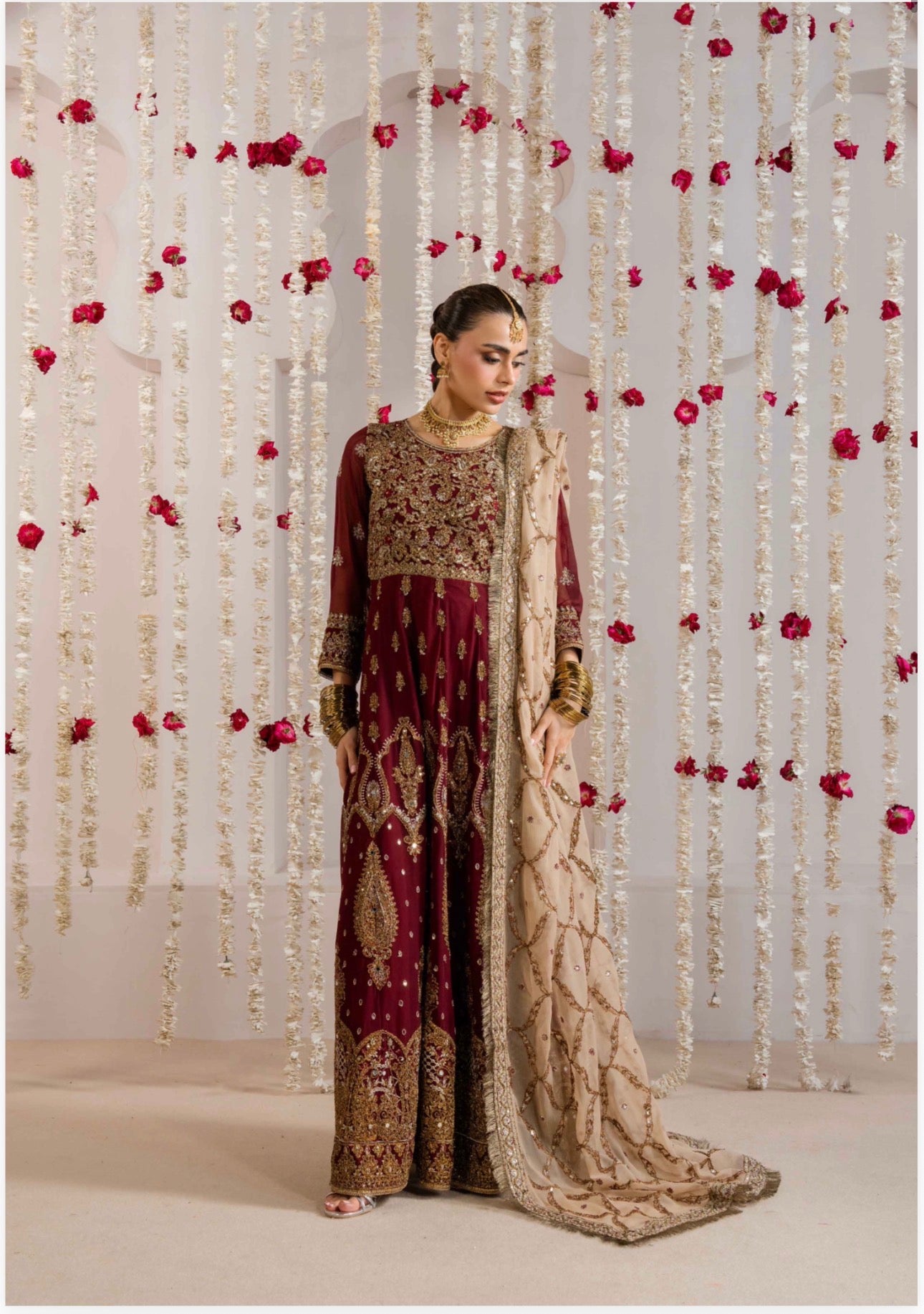 ALANI Royal Maroon Maxi Dress | Heavy Gold Embroidered Pakistani Formal Wear