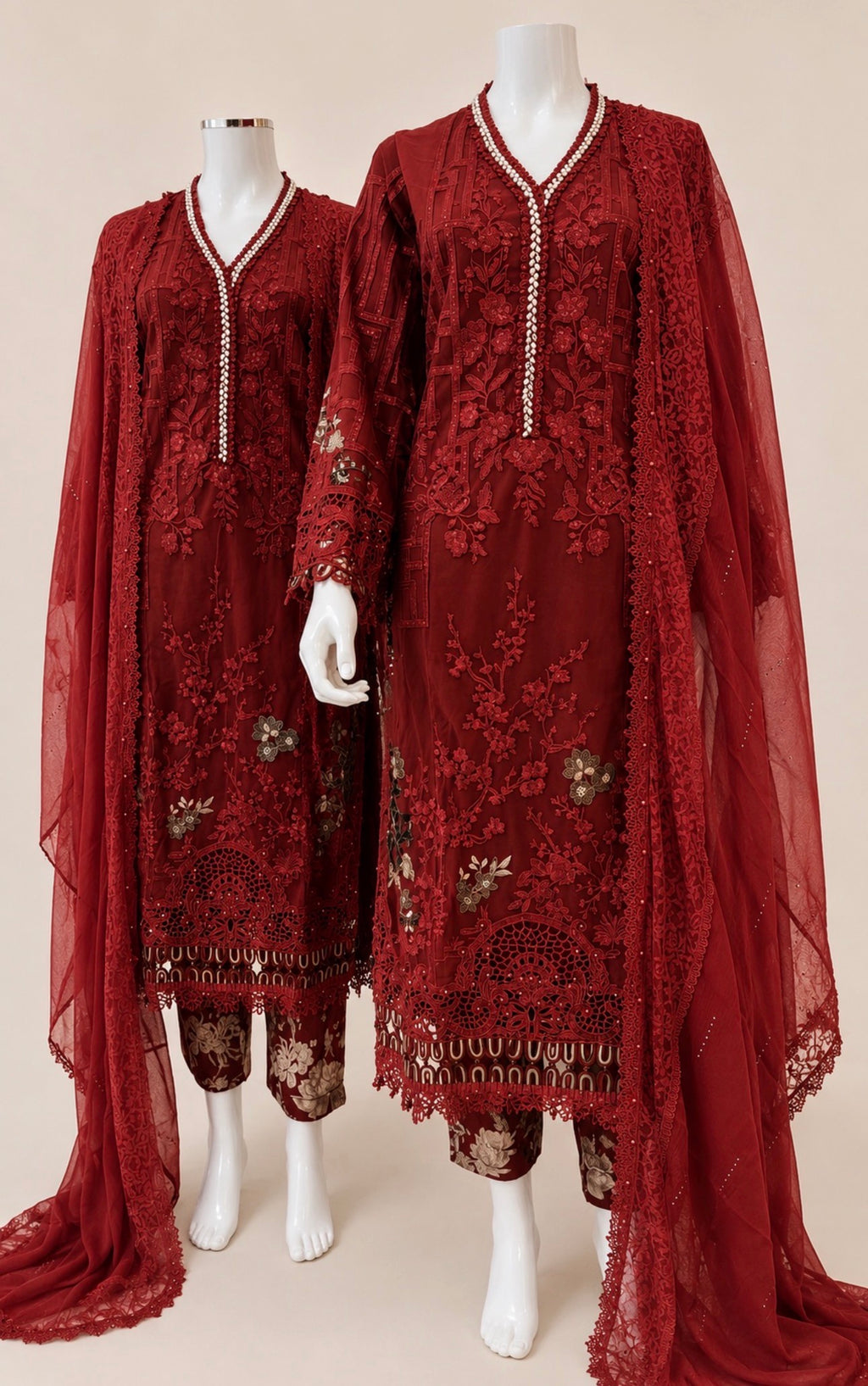 Ruby Royale Luxury Embroidered Suit – 3 Piece Collection