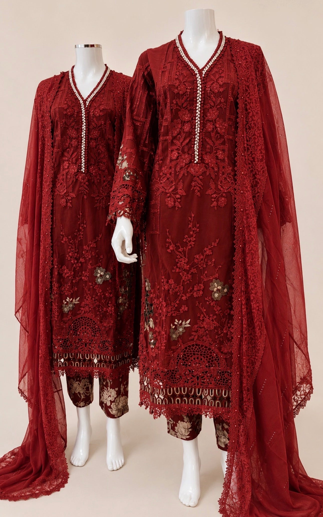 Ruby Royale Luxury Embroidered Suit – 3 Piece Collection