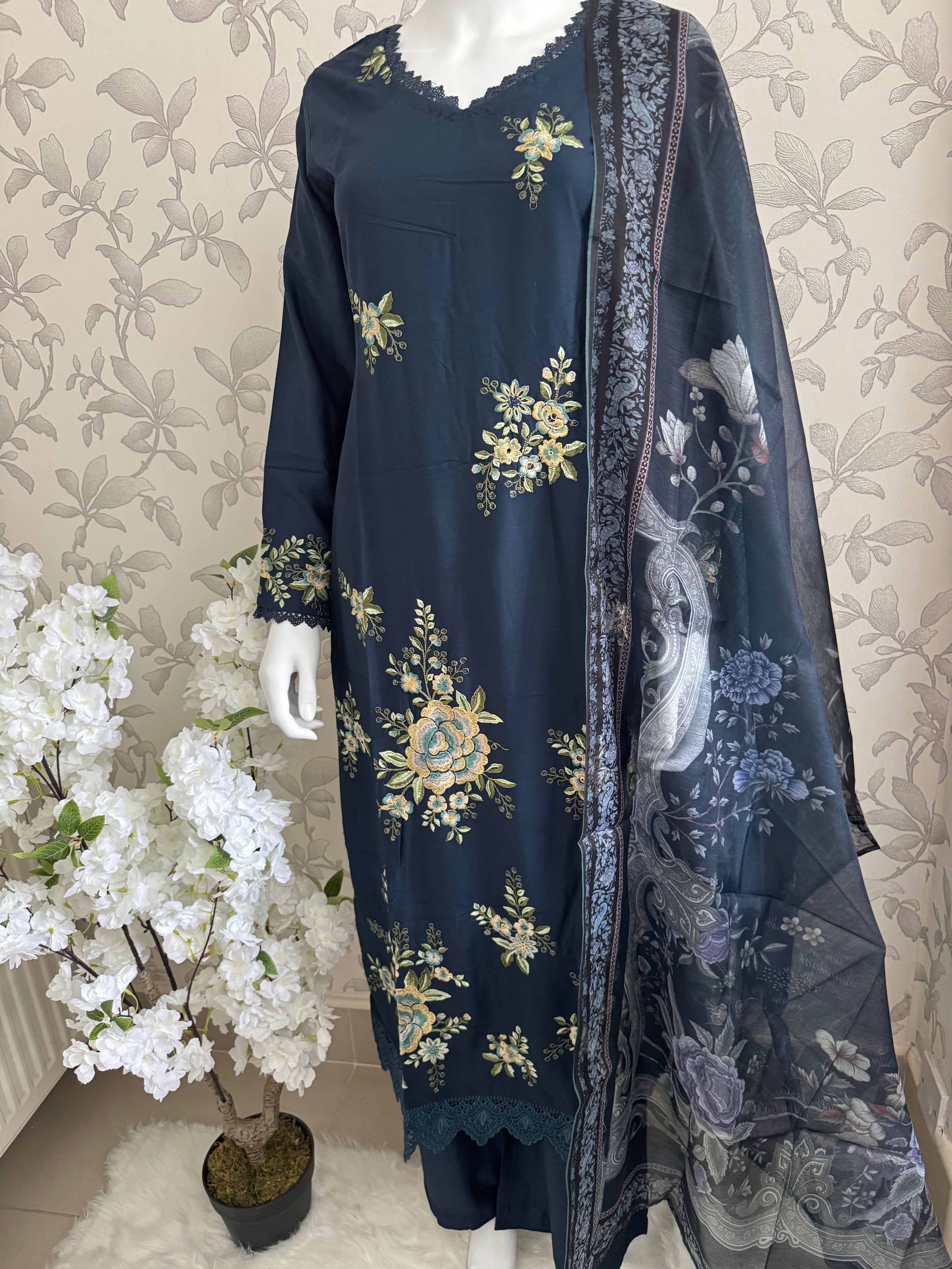 M Prints inspired Embroidered 3-Piece Suit | Pakistani Designer Dress