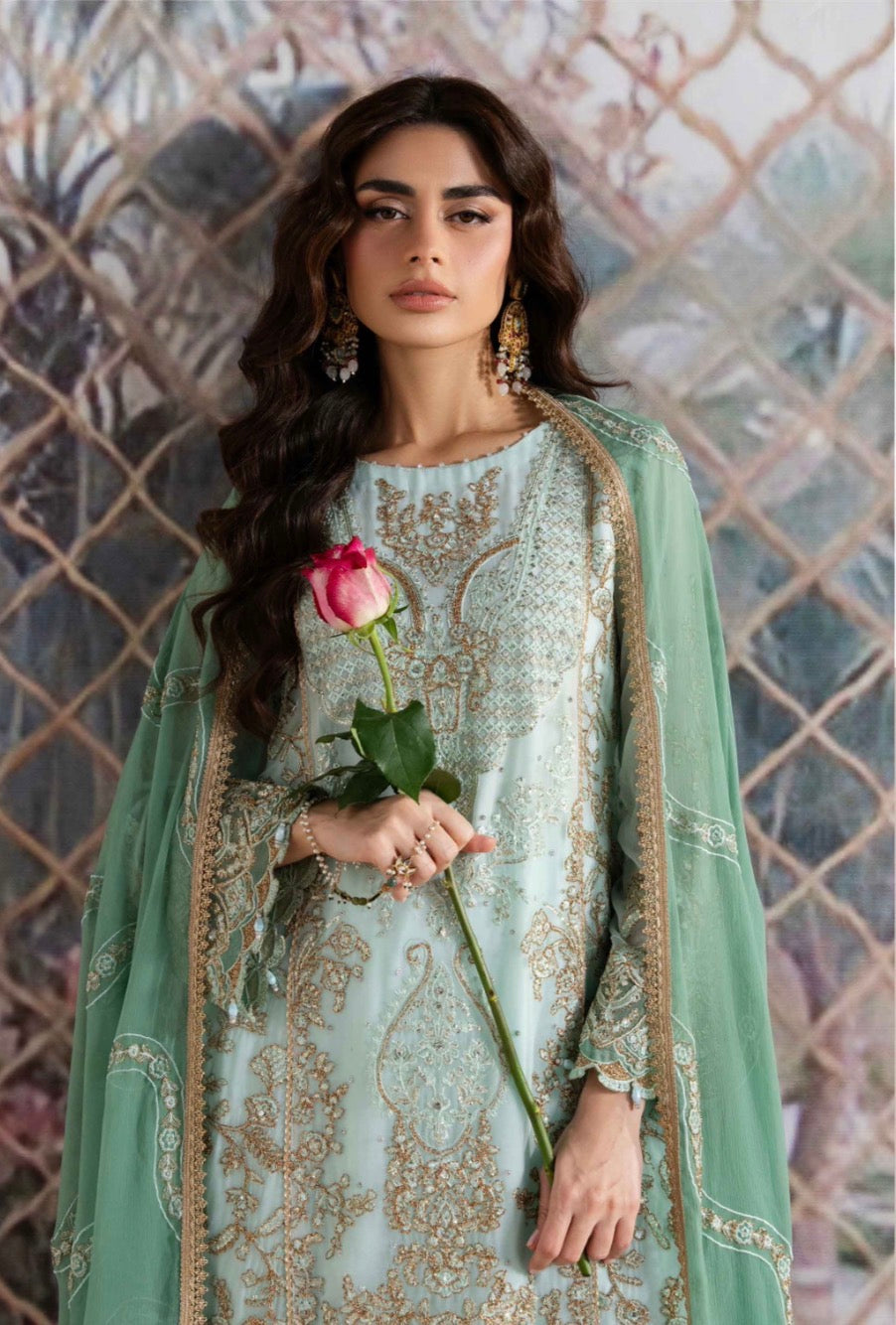 ALANI Pastel Mint Green Embroidered Pakistani Suit – Luxury 3 Piece Designer Set