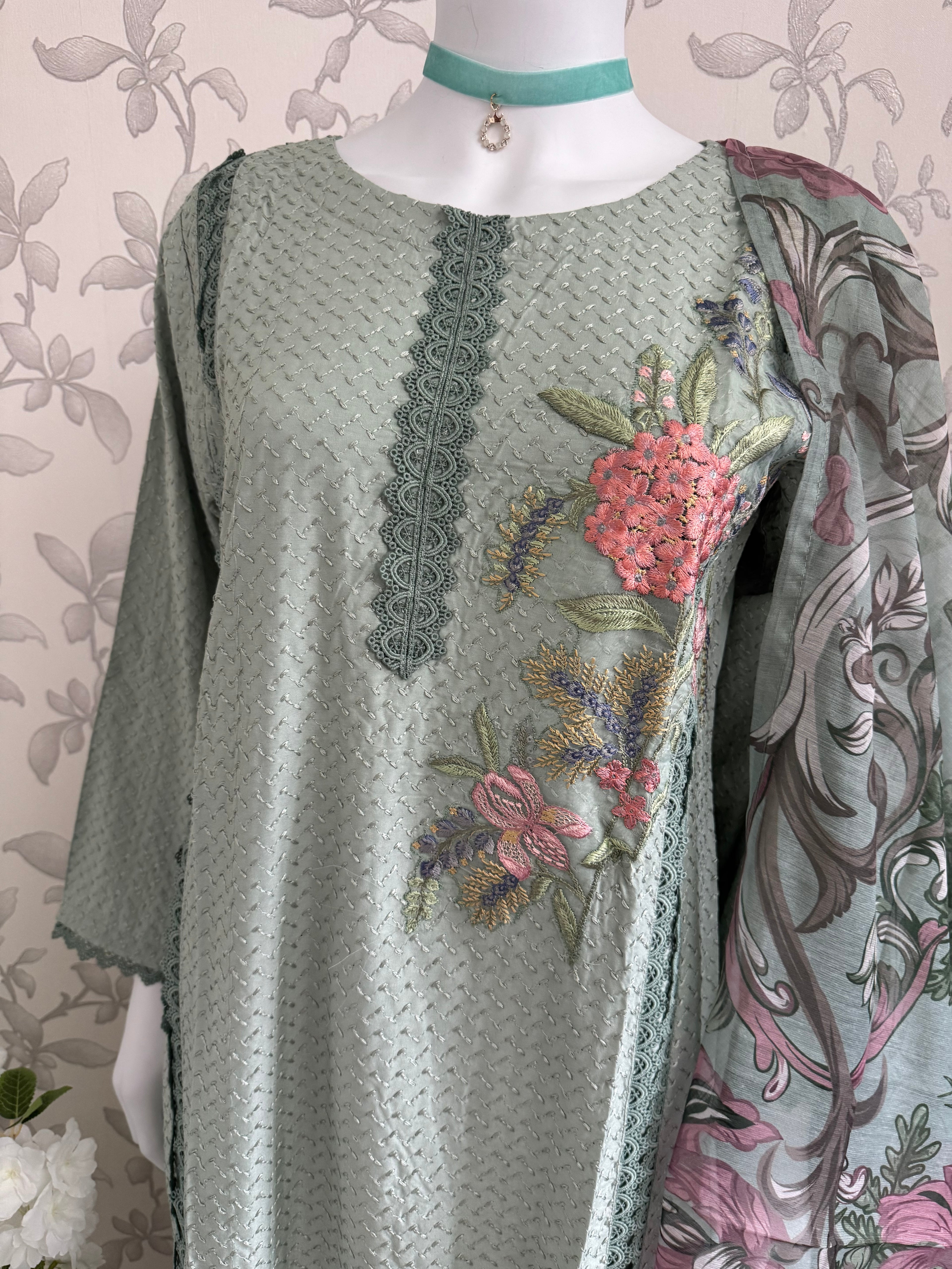 M Prints inspired Embroidered 3-Piece Suit | Pakistani Designer Dress