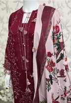 HUSN-E-EID Maroon Embroidered Pakistani 3 piece suit