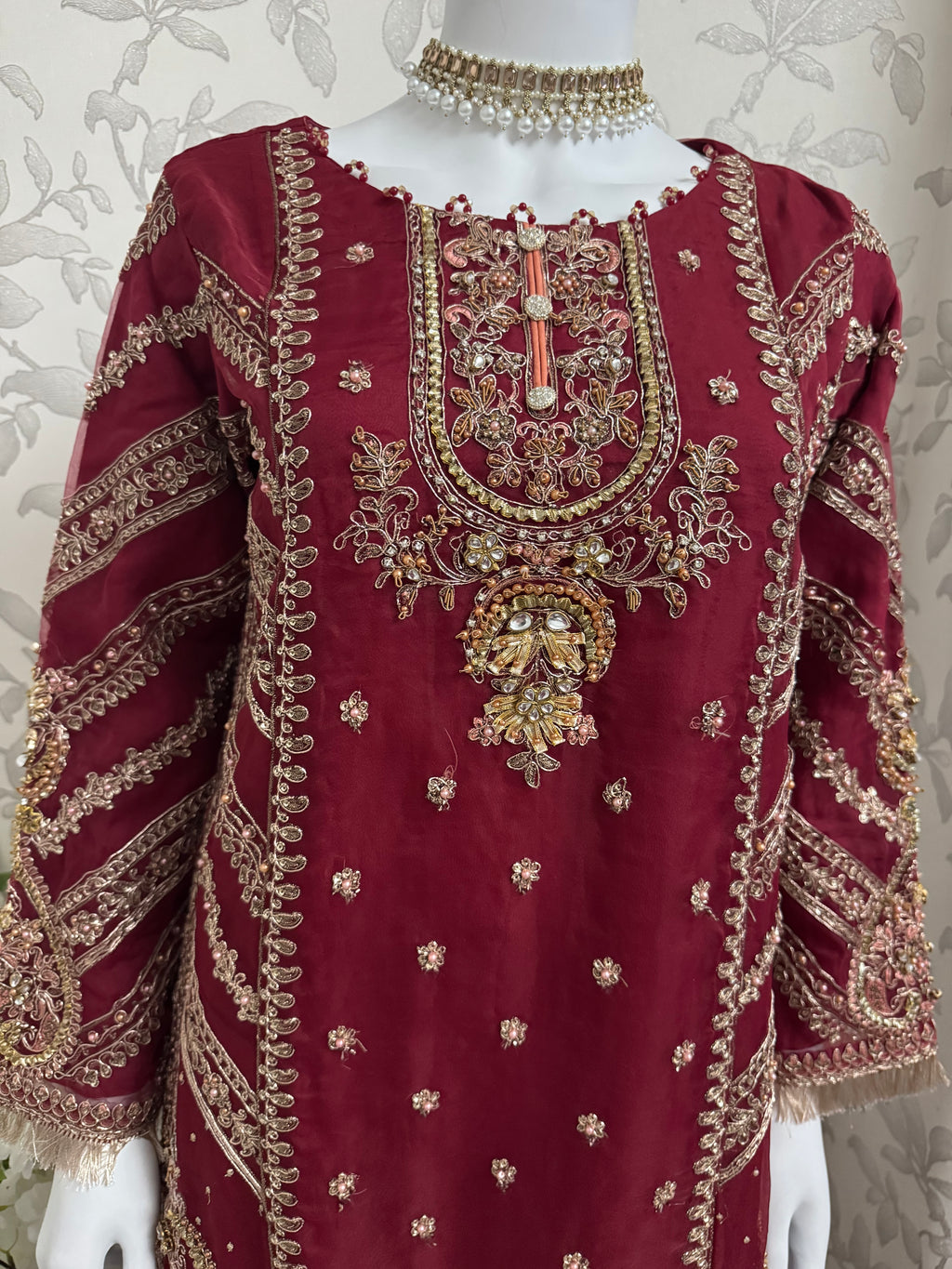 GULAAB…. Deep Maroon Embroidered Pakistani Sharara Suit with Rose Gold Dupatta