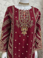 GULAAB…. Deep Maroon Embroidered Pakistani Sharara Suit with Rose Gold Dupatta