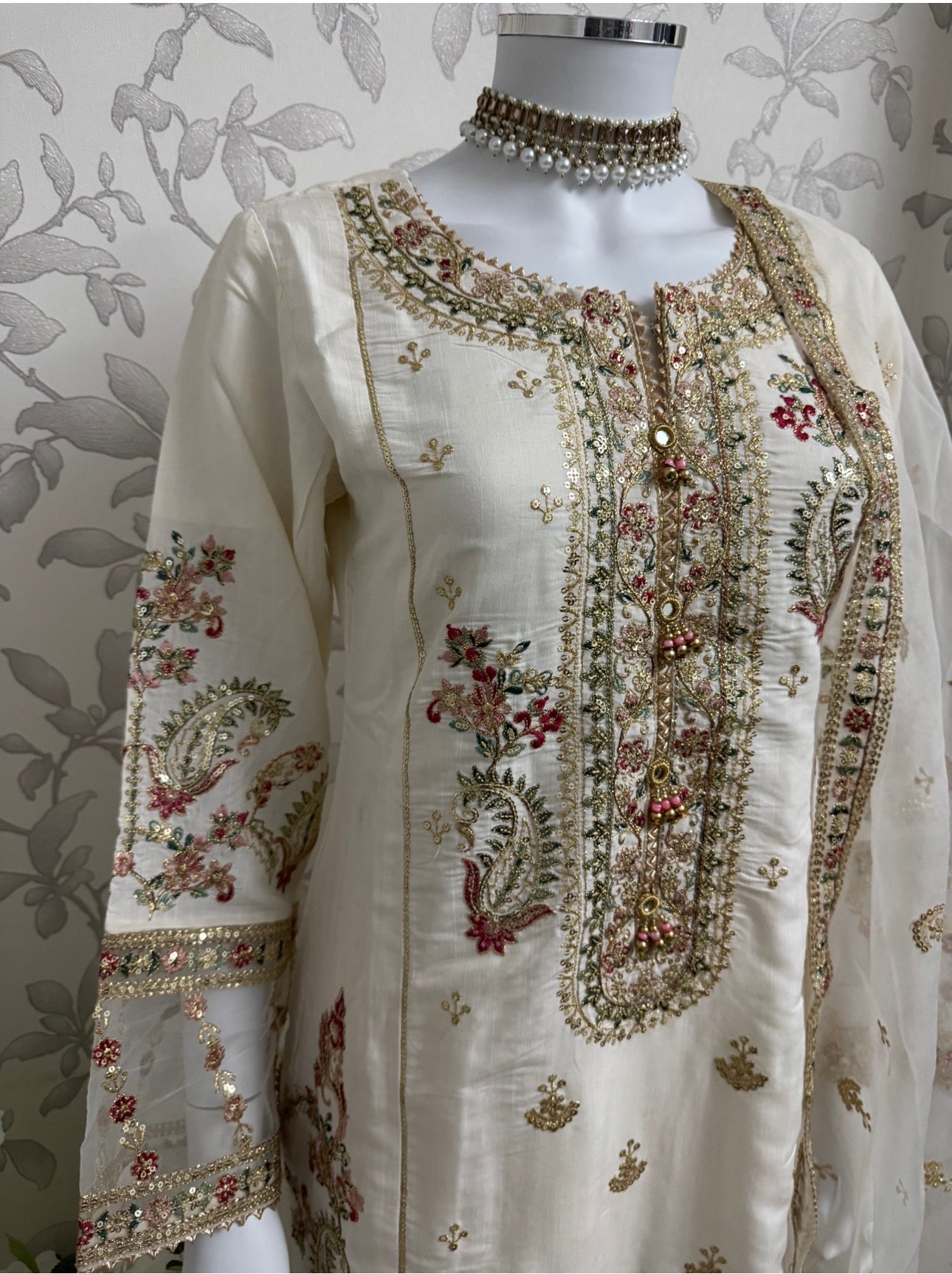 Ivory Cream Embroidered Pakistani 3 Piece Suit – Luxury Eid Festive Wear