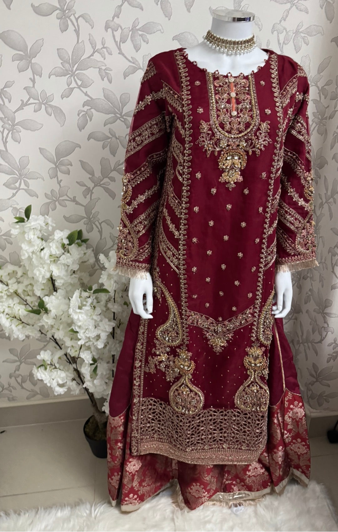 GULAAB…. Deep Maroon Embroidered Pakistani Sharara Suit with Rose Gold Dupatta