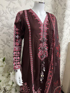 HUSN-E-EID Elegance Brown Embroidered Pakistani Suit with Printed Dupatta