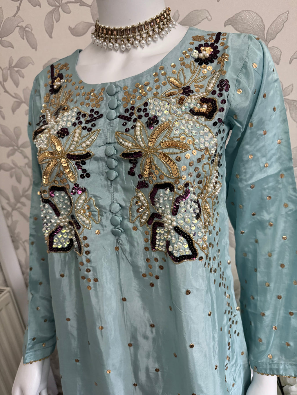 SILKY CHARM Luxury Embroidered Silk Suit with Pearl & Sequin Work