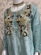 SILKY CHARM Luxury Embroidered Silk Suit with Pearl & Sequin Work