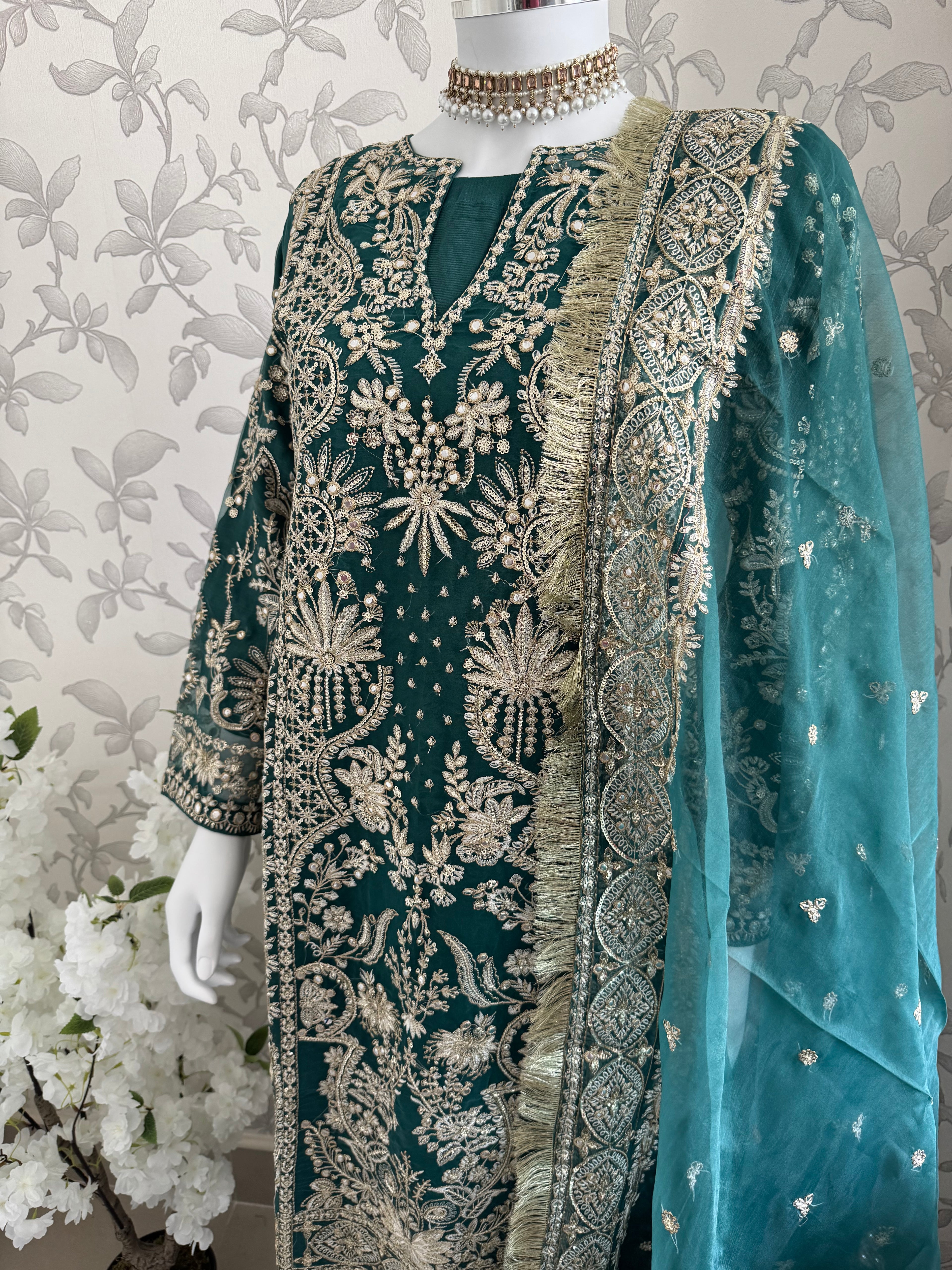 AFROZ Emerald Embroidered Organza Suit | Pakistani Wedding & Formal Dress