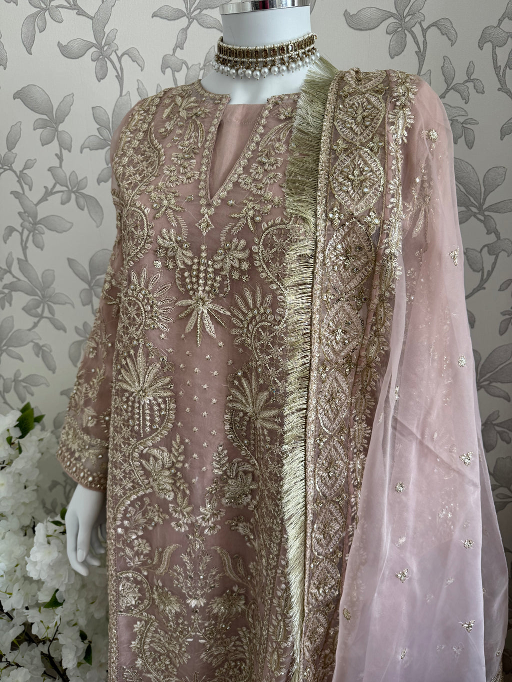 AFROZ Blush Pink Embroidered Organza Suit | Pakistani Wedding & Formal Dress