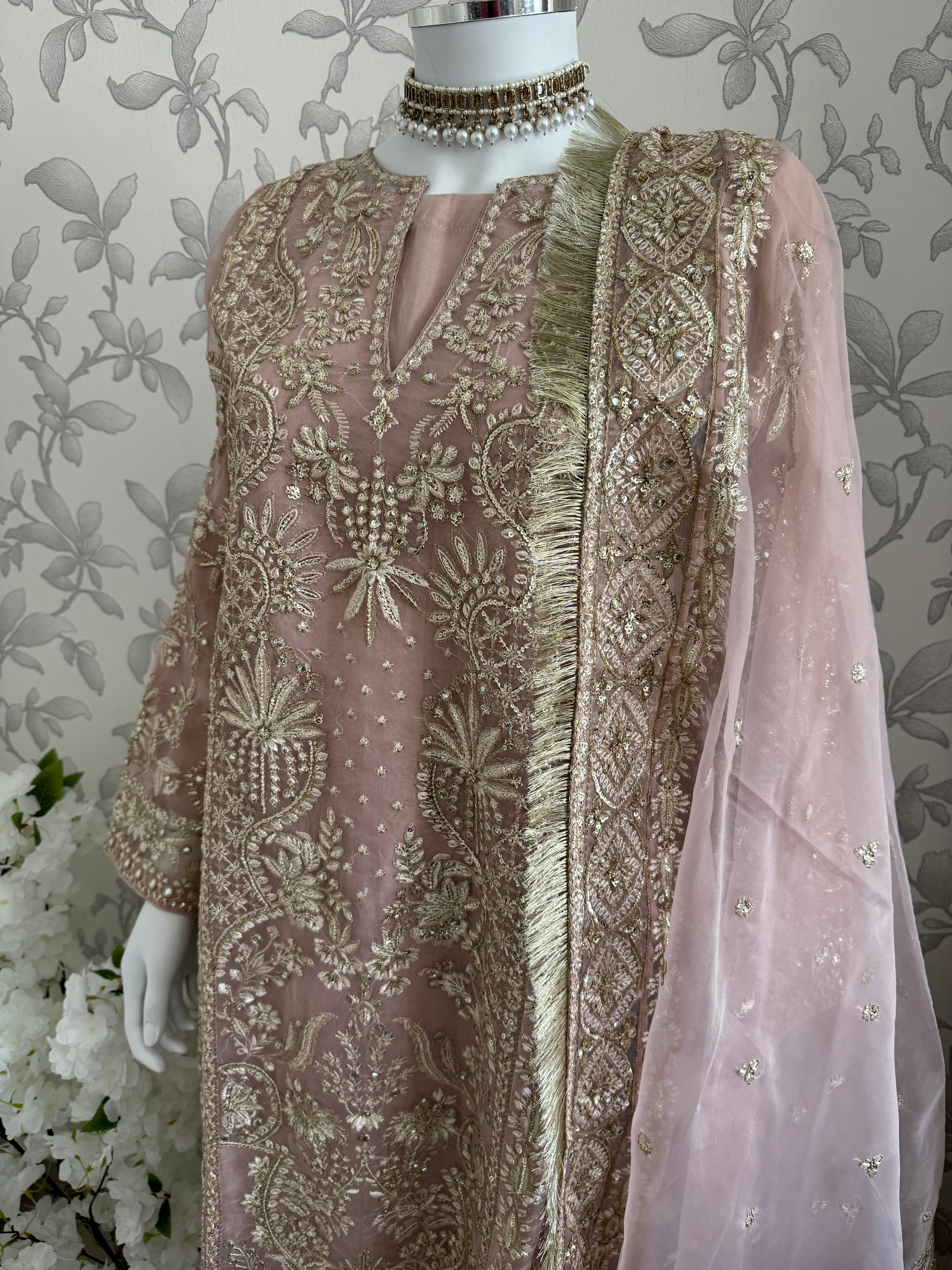 AFROZ Blush Pink Embroidered Organza Suit | Pakistani Wedding & Formal Dress