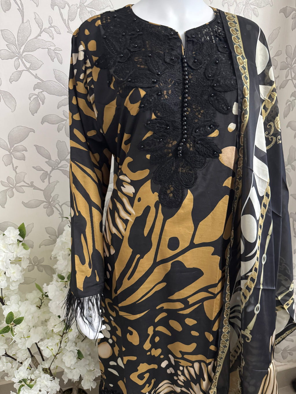 M Prints inspired Embroidered 3-Piece Suit | Pakistani Designer Dress