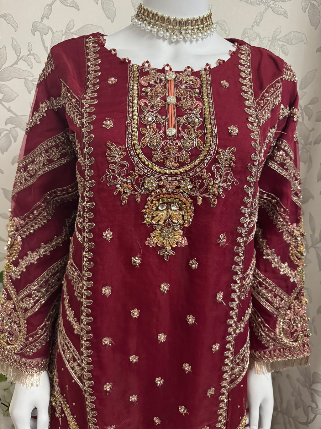 GULAAB…. Deep Maroon Embroidered Pakistani Sharara Suit with Rose Gold Dupatta