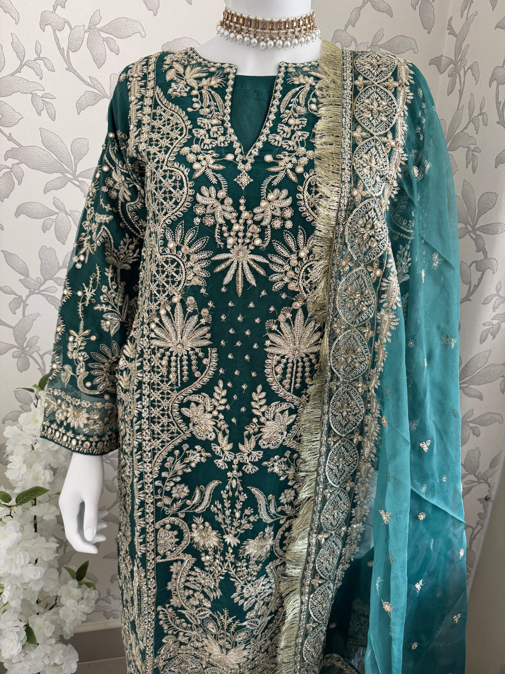 AFROZ Emerald Embroidered Organza Suit | Pakistani Wedding & Formal Dress