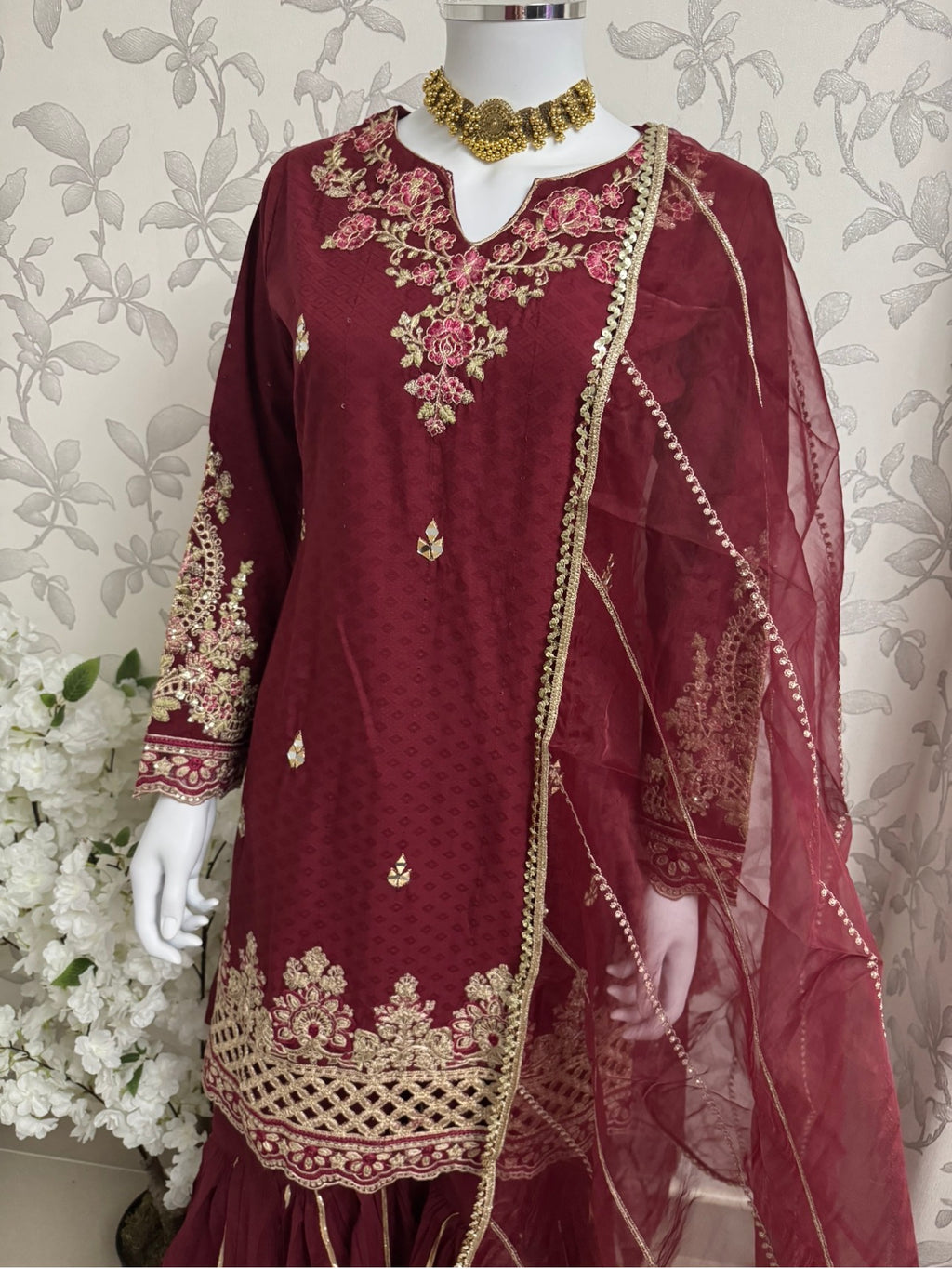 Maroon Embroidered Gharara Suit with organza Dupatta – Luxury Pakistani 3 Piece Set